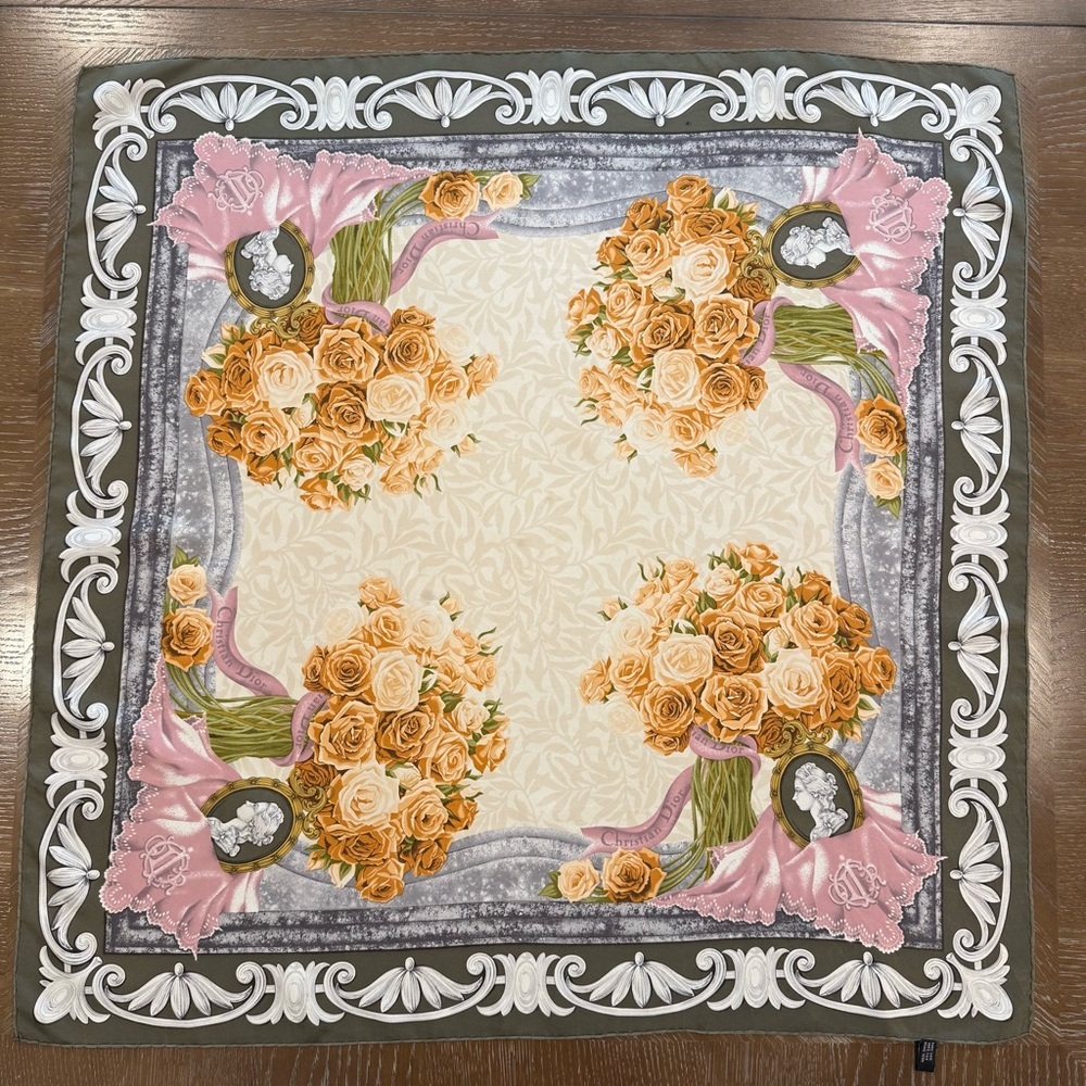 Authentic Christian Dior Silk Scarf with Orange and Gray Accents